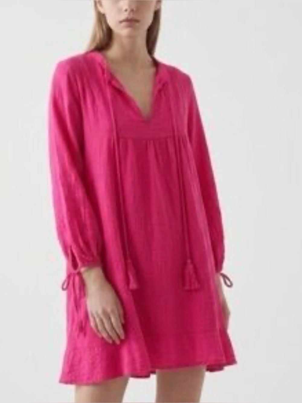 Natalie Martin Fuchsia Cotton Gauze Peasant Mini Dress Tassel Tie Size Small